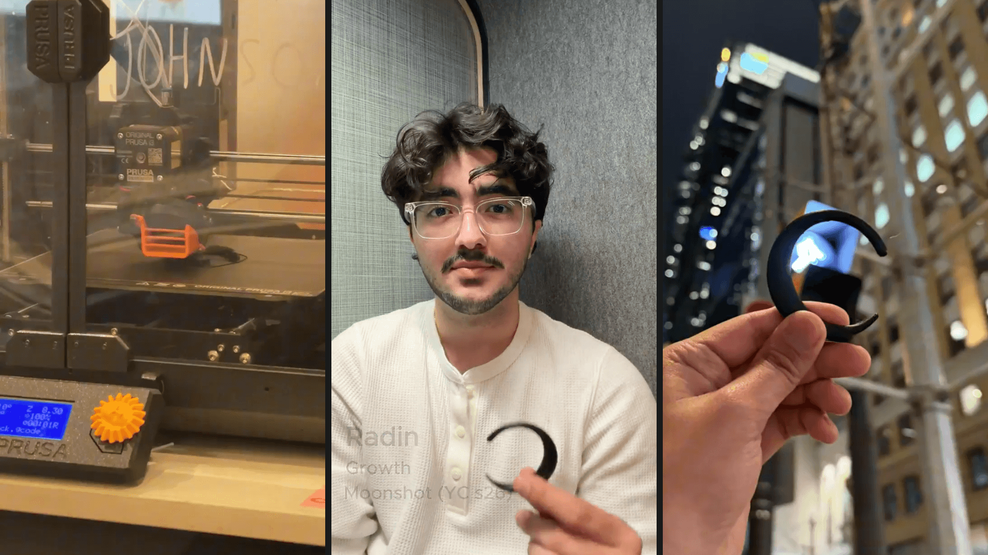 Three frames from the wearable launch film: the 3D printer at work, Radin holding the printed wearable, and the wearable held up downtown at night